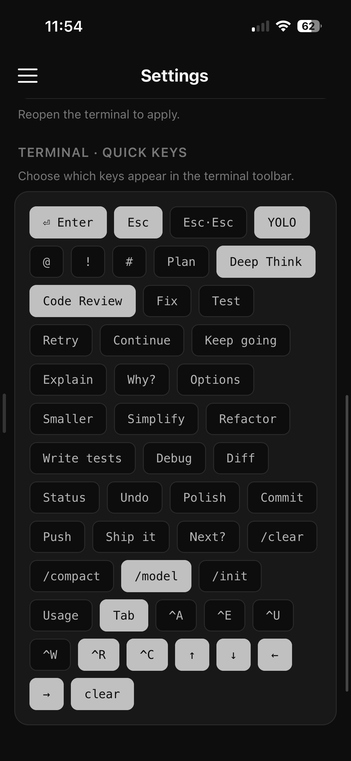 Terminal quick-keys settings
